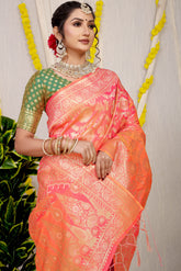 Stunning Peach Golden Zari Worked Heavy Banarasi Saree